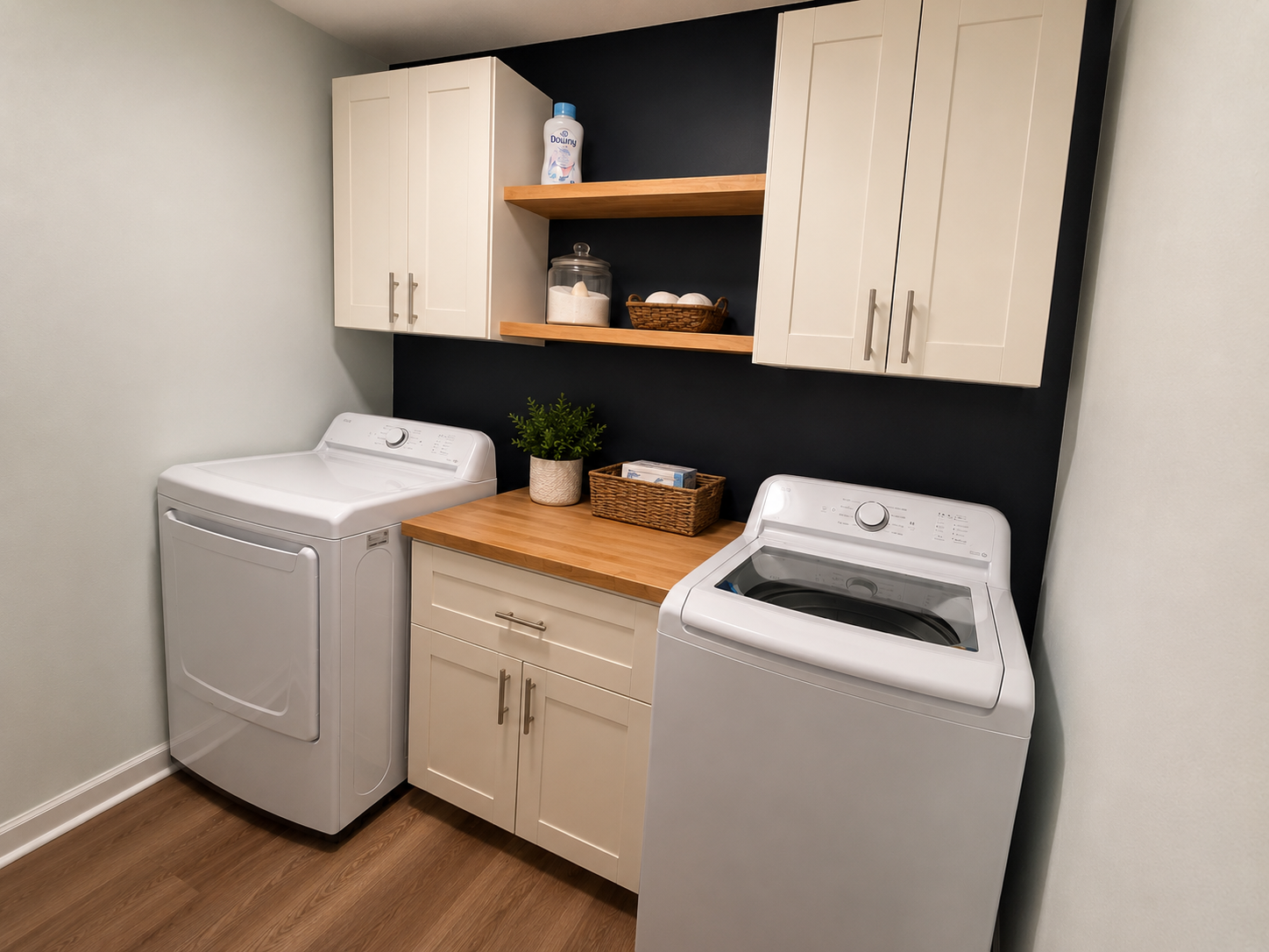 Convenient laundry room with full-size washer and dryer, plus counter space for longer stays.