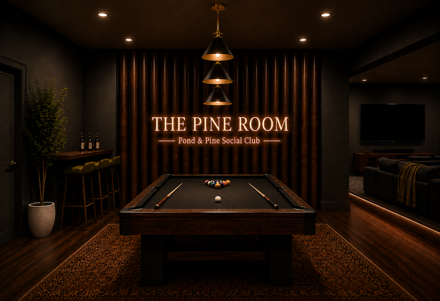 Detached entertainment lounge design preview only - featuring a pool table and theater. Currently being completed by August 30, 2026, with actual photos updated shortly after.

