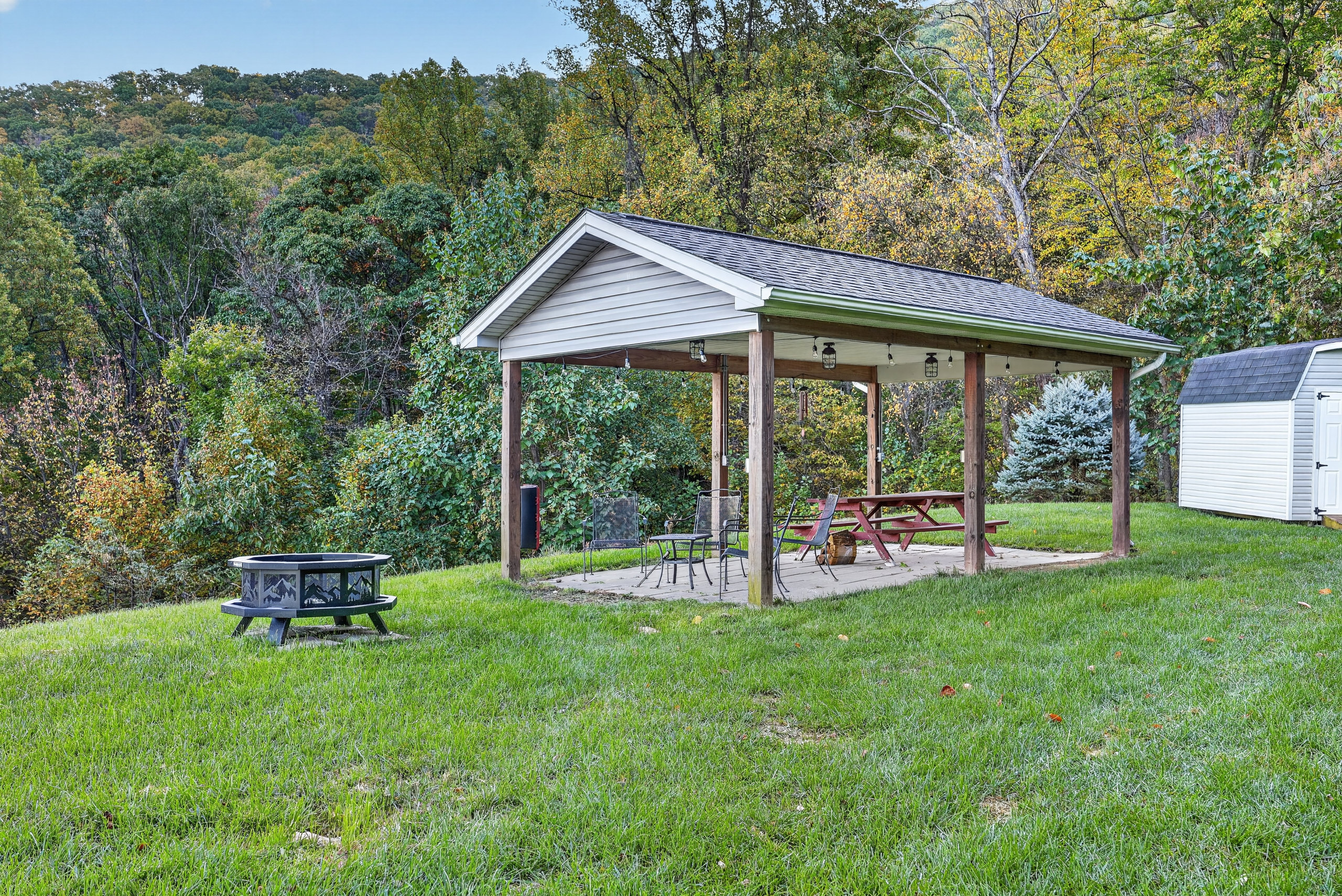 The eastern and southern views of the bordering Shenandoah National Park from the back yard fire pit and picnic pavilion with table for 6.