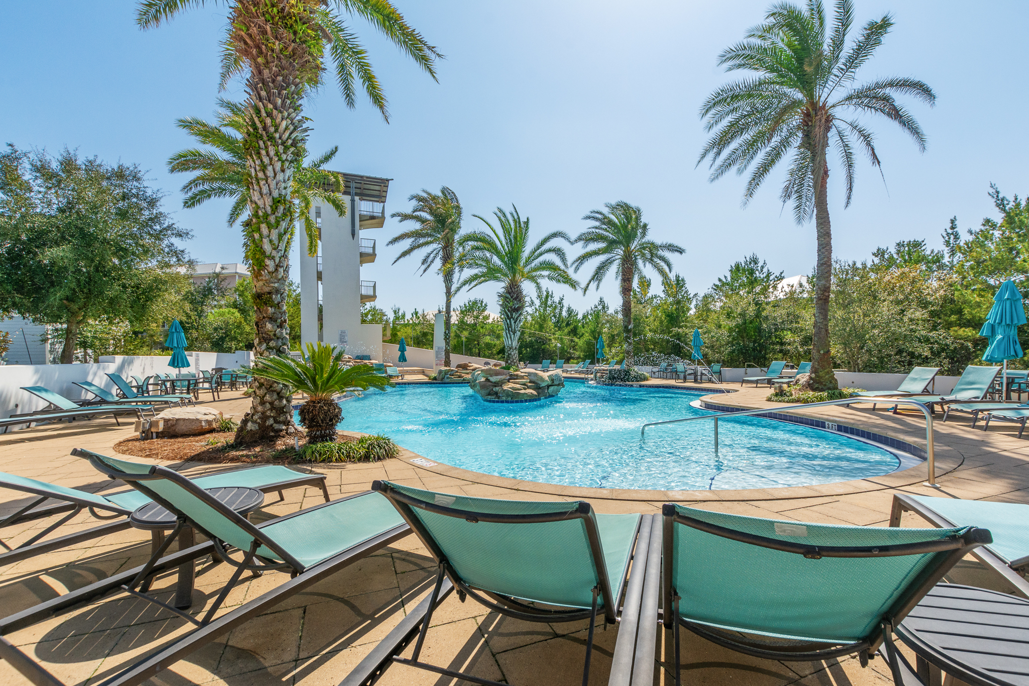 There are plenty of places to lounge at the community pool, or take in the incredible views from the lookout tower