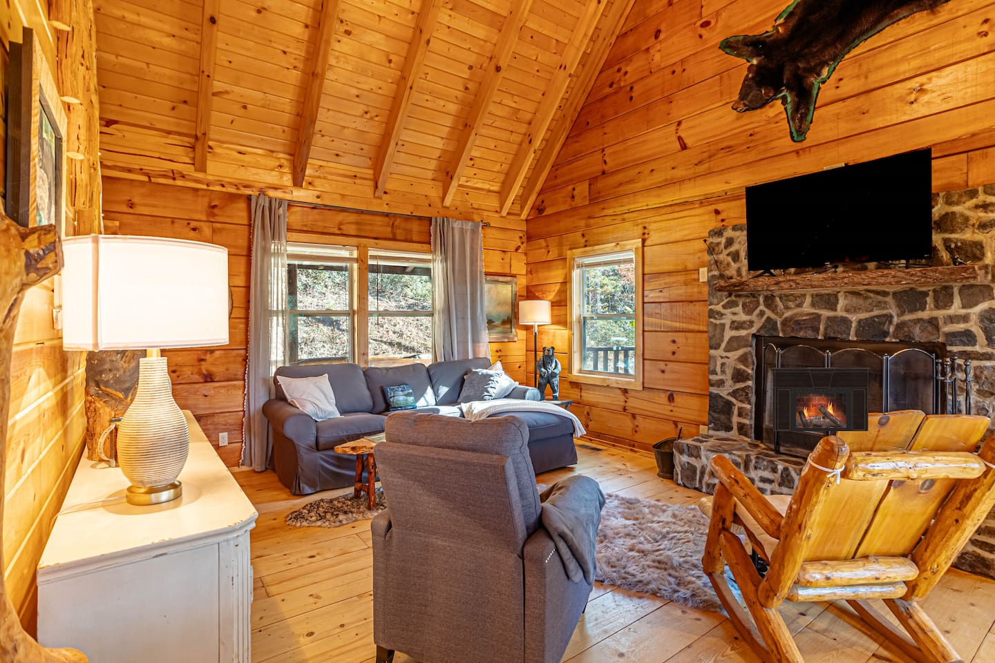 Large open living room with mountain views.