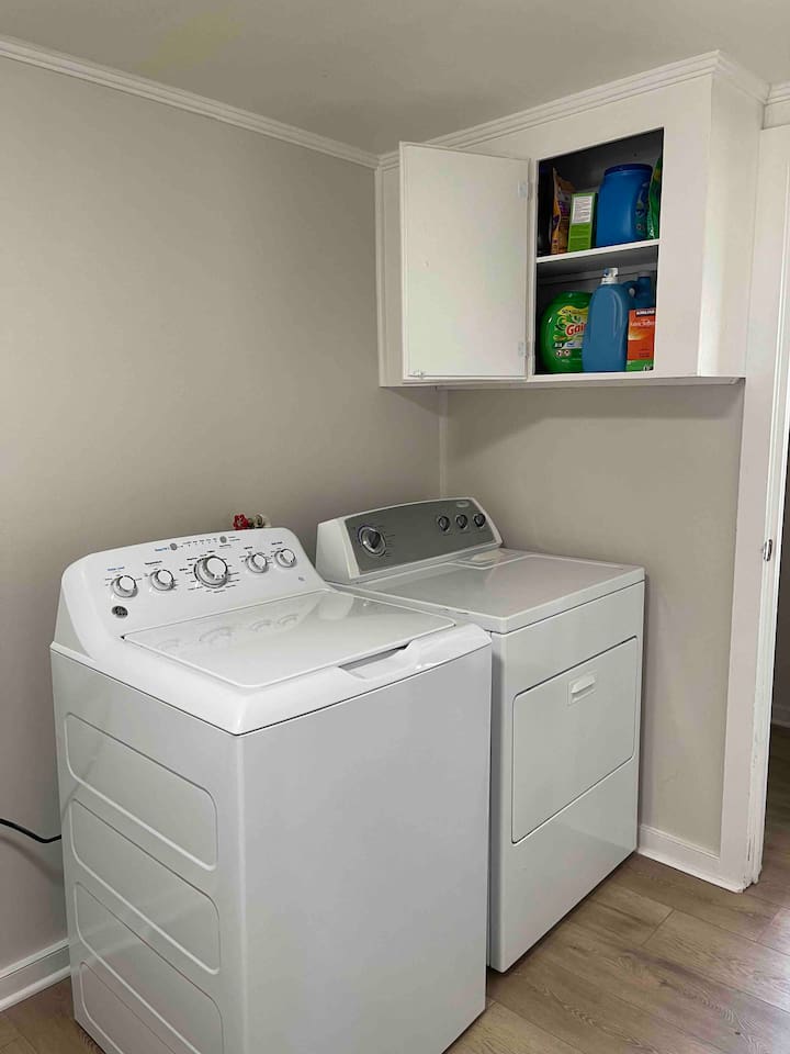 New washer and dryer with laundry detergent supplies so you don’t have to bring or buy them. 