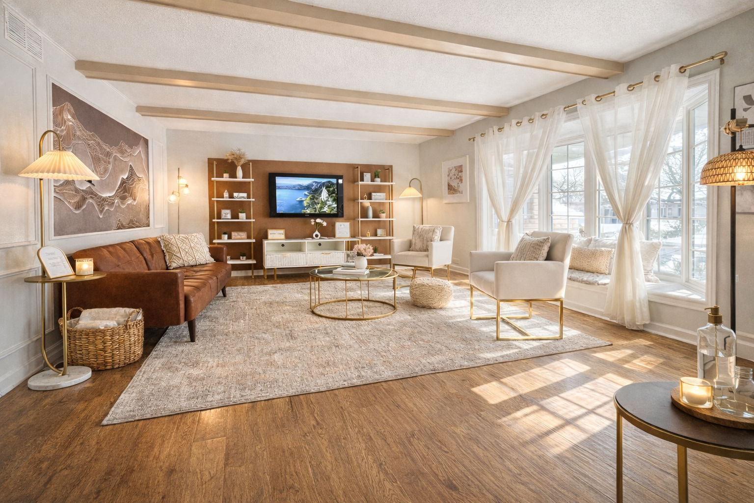 Beautiful Living with Bow window and lots of natural light