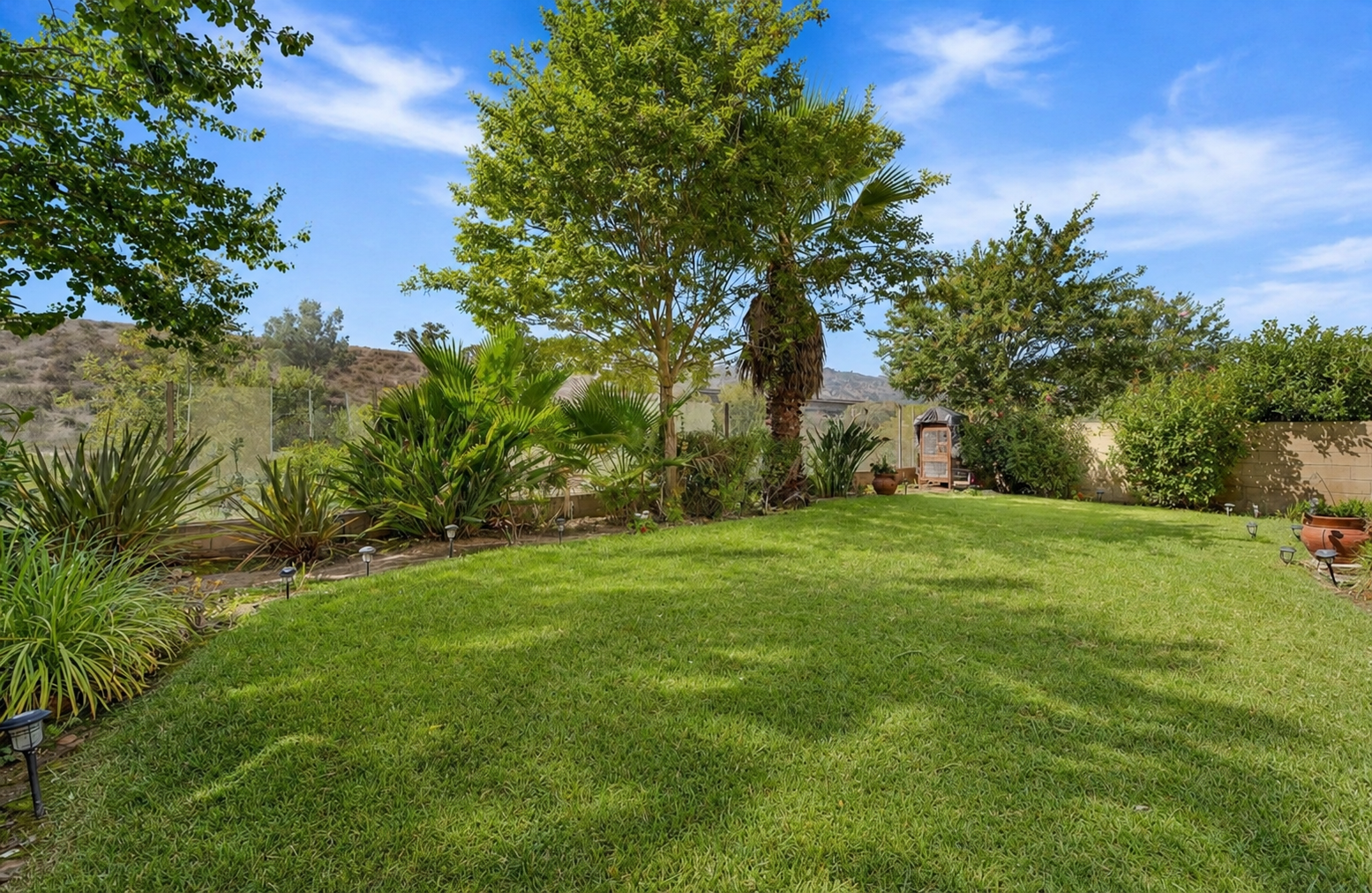 Backyard lawn with green space, mature trees, and a quiet spot to enjoy time outside.