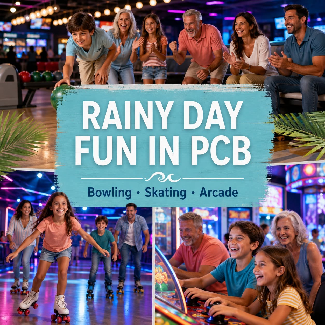 AI-created indoor-fun illustration: bowling, roller skating and arcade outings, including Rock'it Lanes in PCB. Not a photo of the venue. Admission extra.