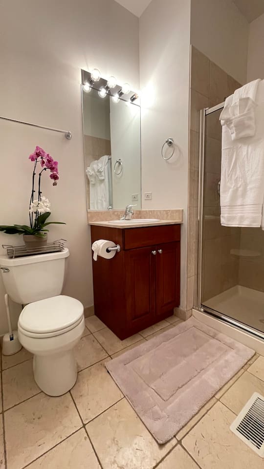 Full shower and bathroom set up for easy mornings routines