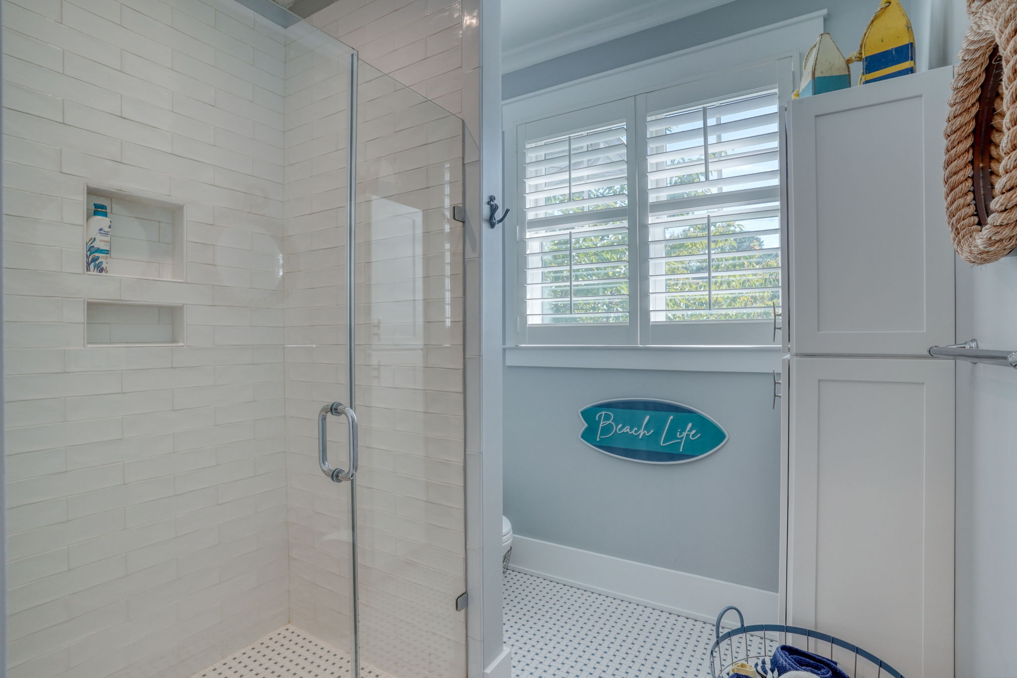 Walk-in shower with tile surround