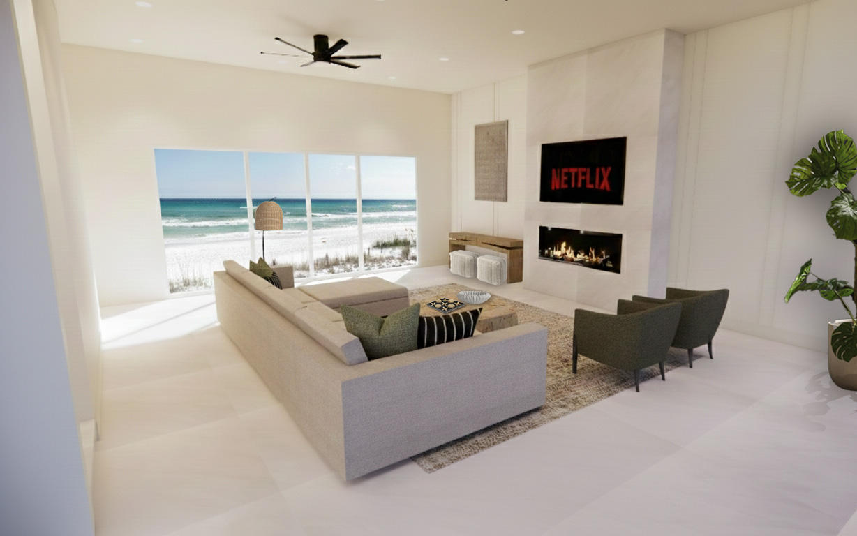 Panoramic windows frame both sunrise over the Atlantic and sunset over the Guana River — a view that changes with every hour.
Design rendering shown; professional photography coming soon.