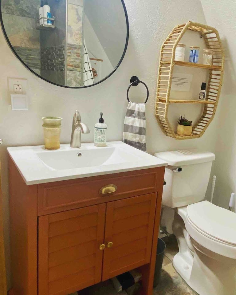 Full bathroom with walk in shower. We’ve got everything you need should you forget something. Shampoo, conditioner and body wash provided.
