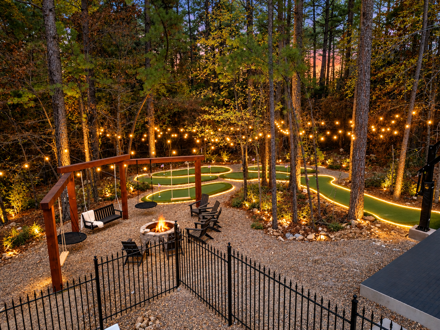 Between the cozy fire pit, custom swing set with 2 wooden swings, 2 saucer swings & a bench swing + a 6-hole mini golf course that GLOWS at night, this backyard is your ultimate memory maker.✨