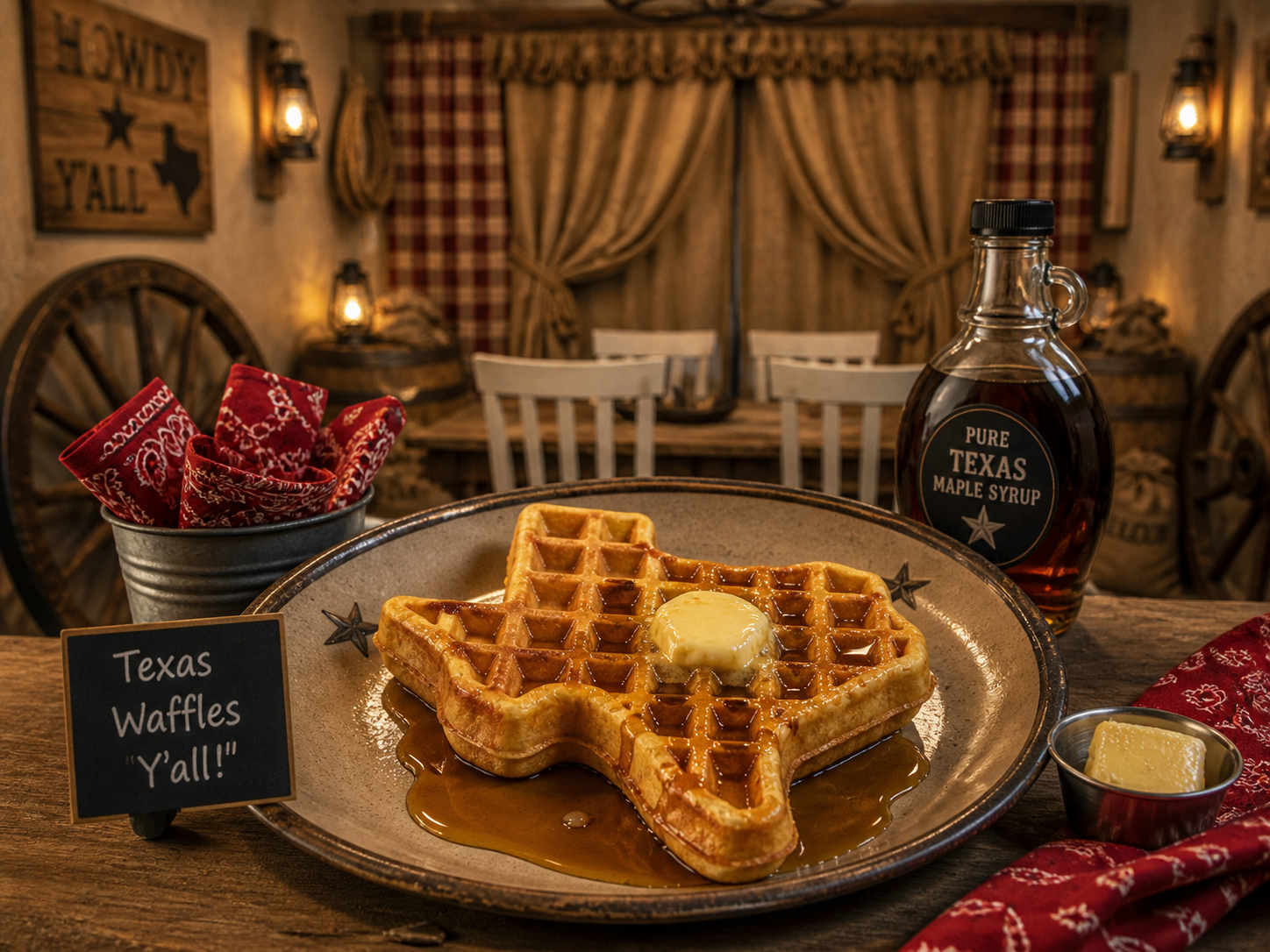 Each stay includes a Big Country breakfast package with a Texas shaped waffle maker and enough batter, butter and the best syrup to fill the bellies of yer whole outfit. 