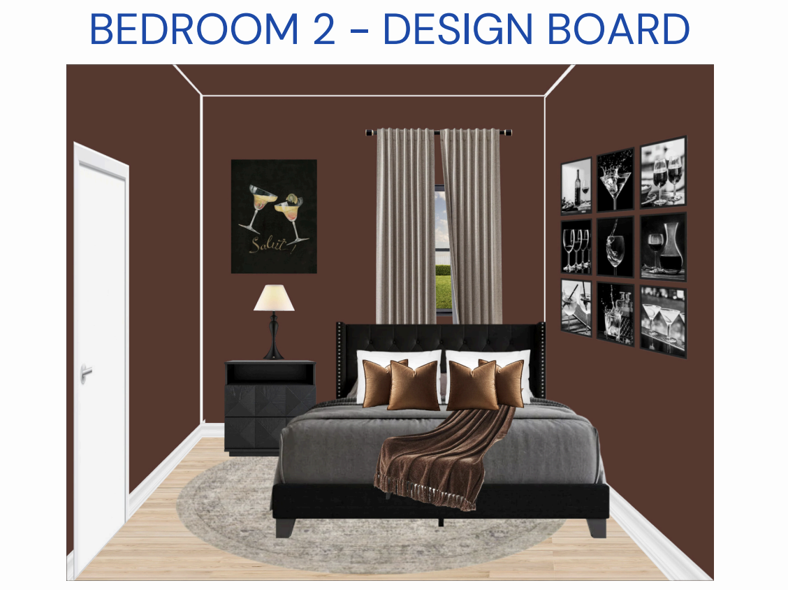 Relax in this designer bedroom featuring a chic black tufted headboard and warm earth-tone decor. This sophisticated guest suite offers a plush bed, unique geometric nightstand, and a curated gallery wall for a premium stay experience.