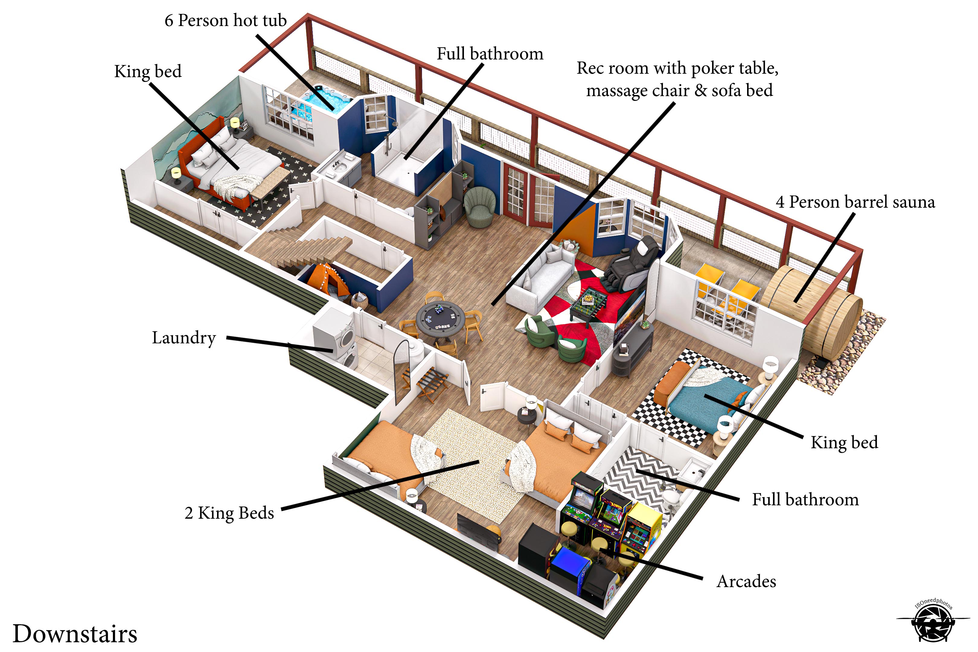 Unwind in style with a 6-person hot tub, 4-person barrel sauna, and a rec room featuring a poker table, massage chair, sofa bed, and arcade games. With three king bedrooms, two full bathrooms,