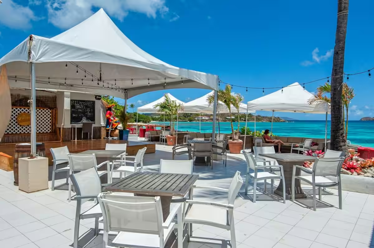 Seating area for the pizza place and Sapphire Beach Bar