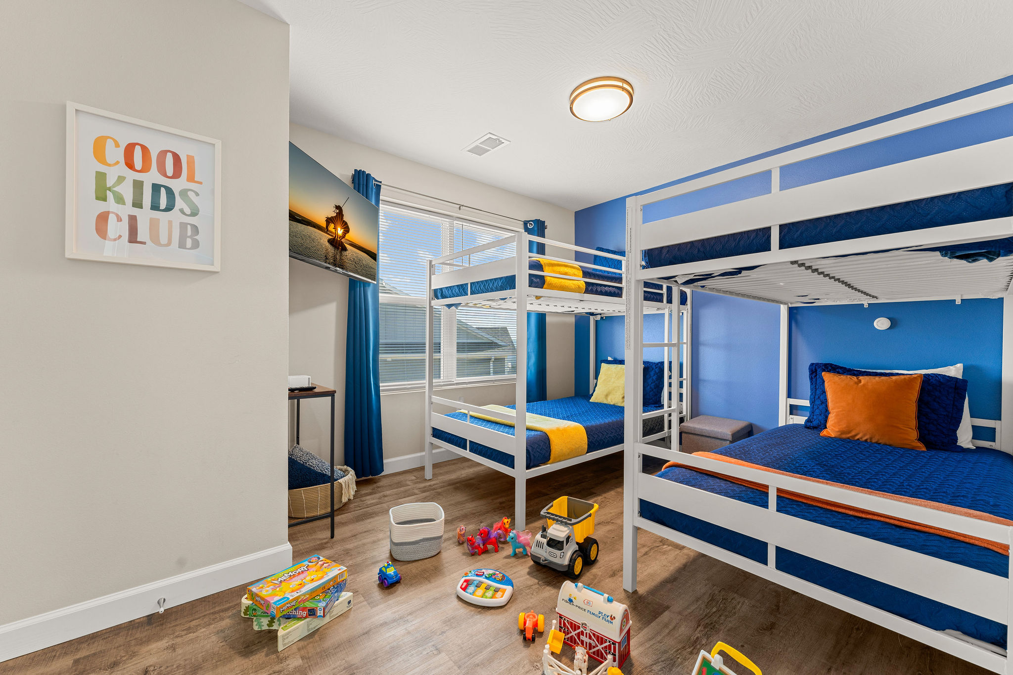 Your kids will love this bunk room! Complete with toys, books, TV, USB charger, sound machines!