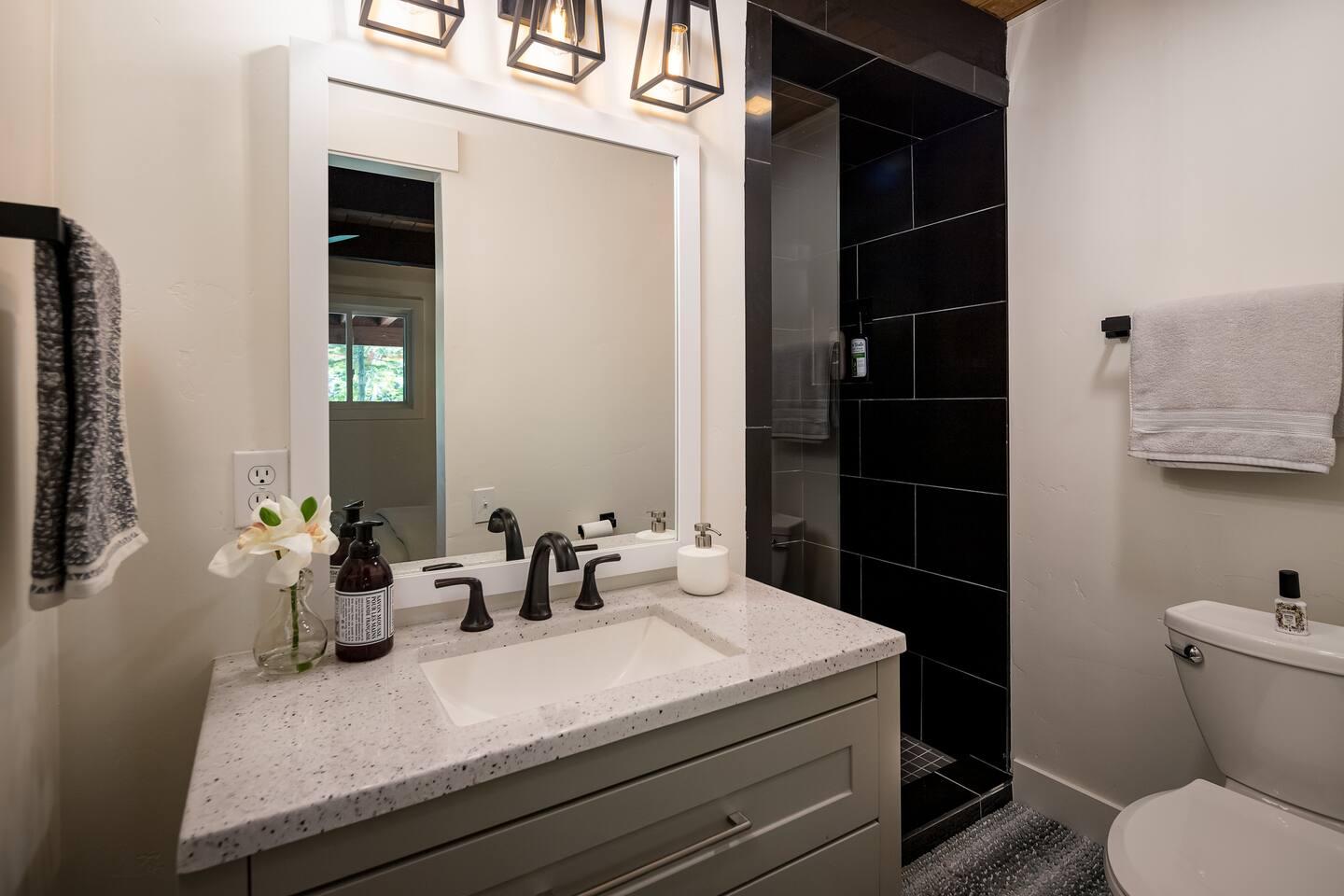 Master bath with his & hers sectional top drawer.  Hair dryer and makeup mirror are provided in each bath.