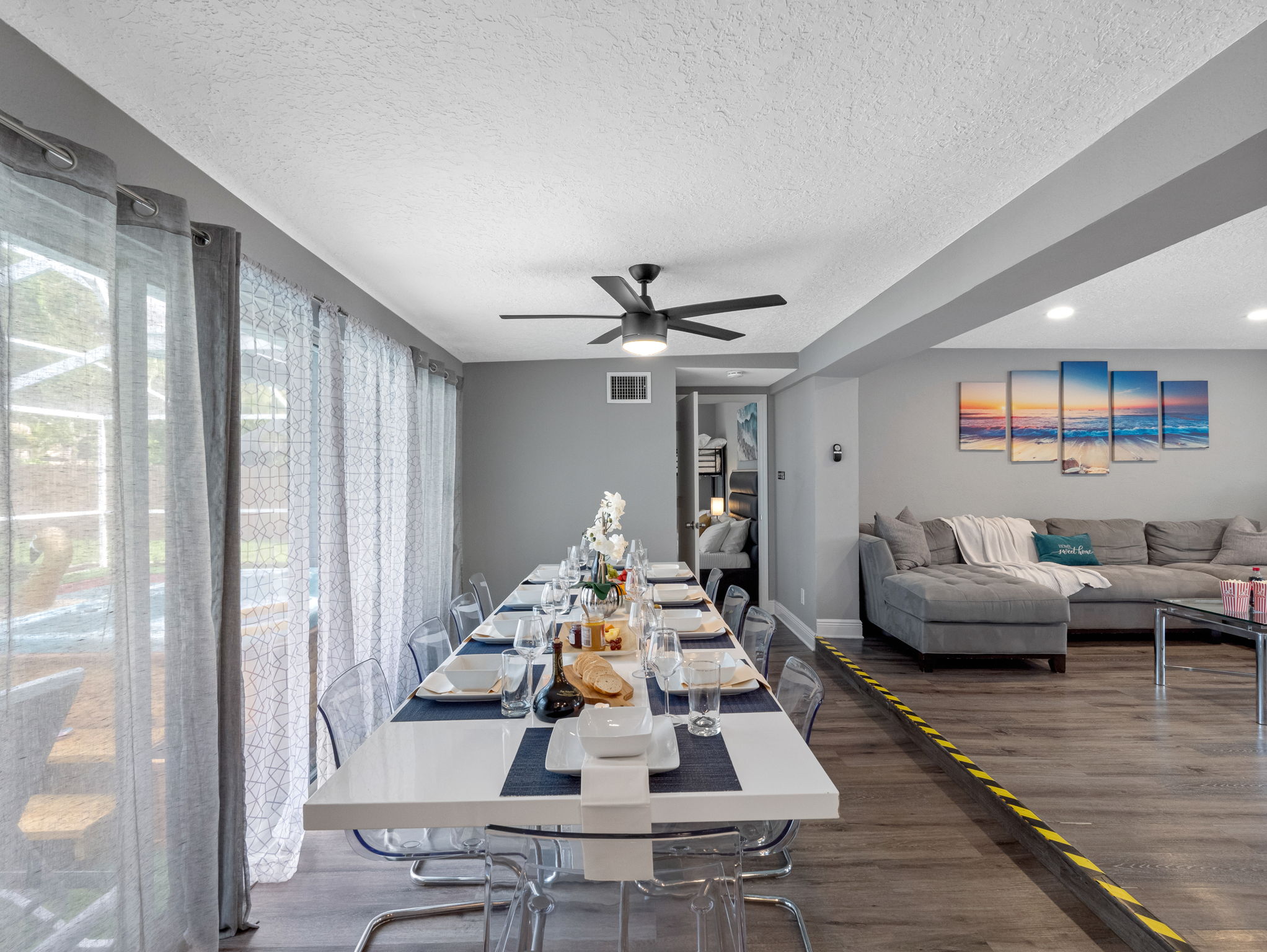With ample seating and a long table layout, the dining area invites everyone to dine together, making it perfect for reunions and celebrations.
