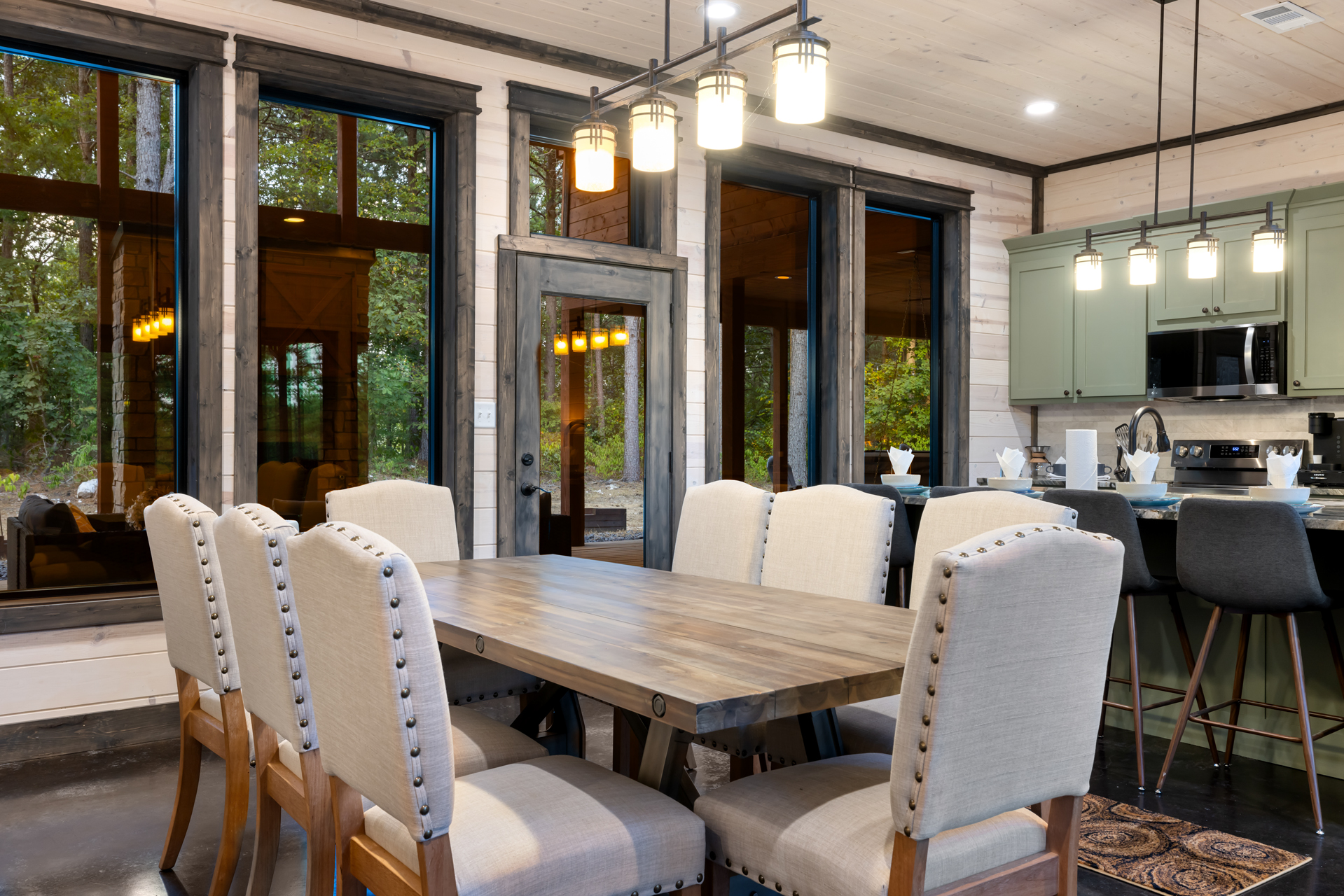 Large dining table with seating for eight, ideal for shared meals, celebrations, and memorable moments with family and friends.