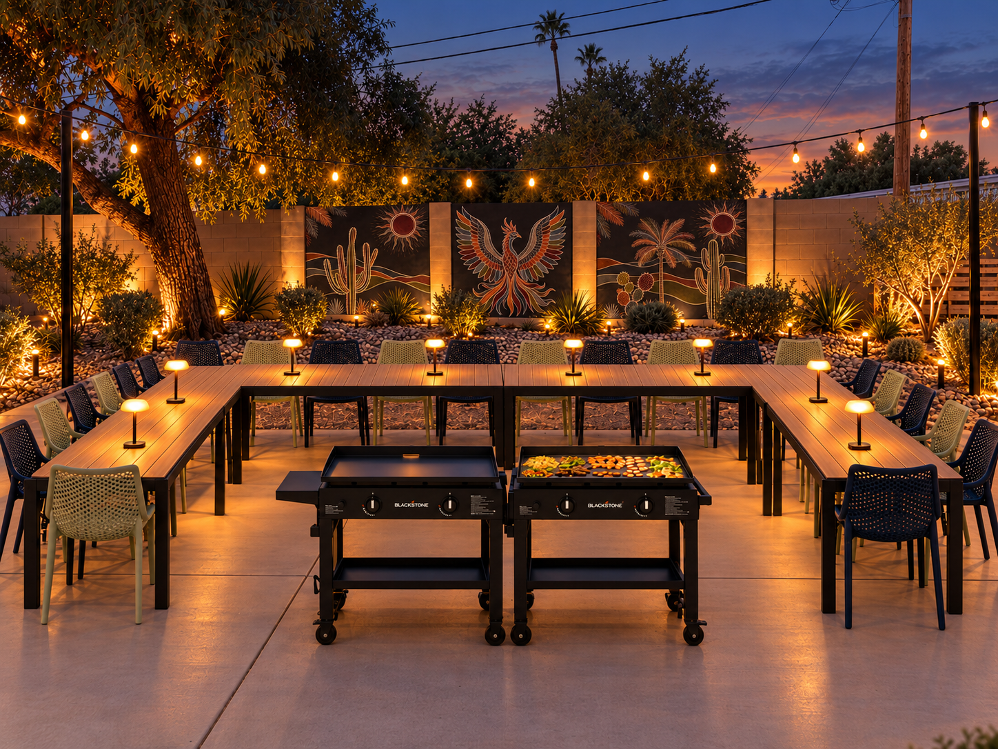 {Hibachi Dining} Firebird’s dedicated hibachi area is set with tables and seating for your private chef experience, framed by a custom desert mural and string lights. Our concierge can also help coordinate your hibachi event with our preferred local chef c