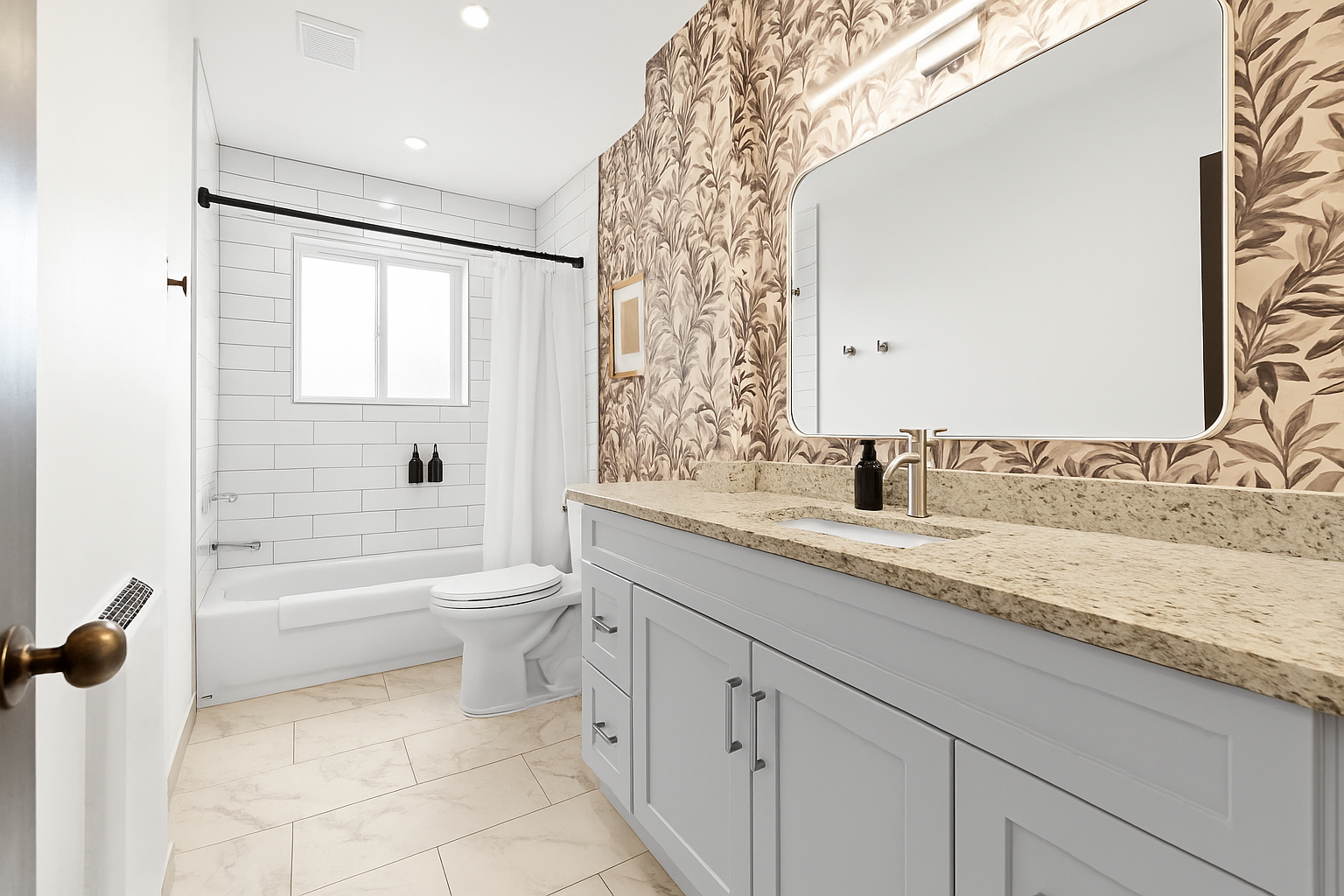 Refresh in a modern bathroom featuring white tile, granite countertops, and a full-size tub/shower combo.