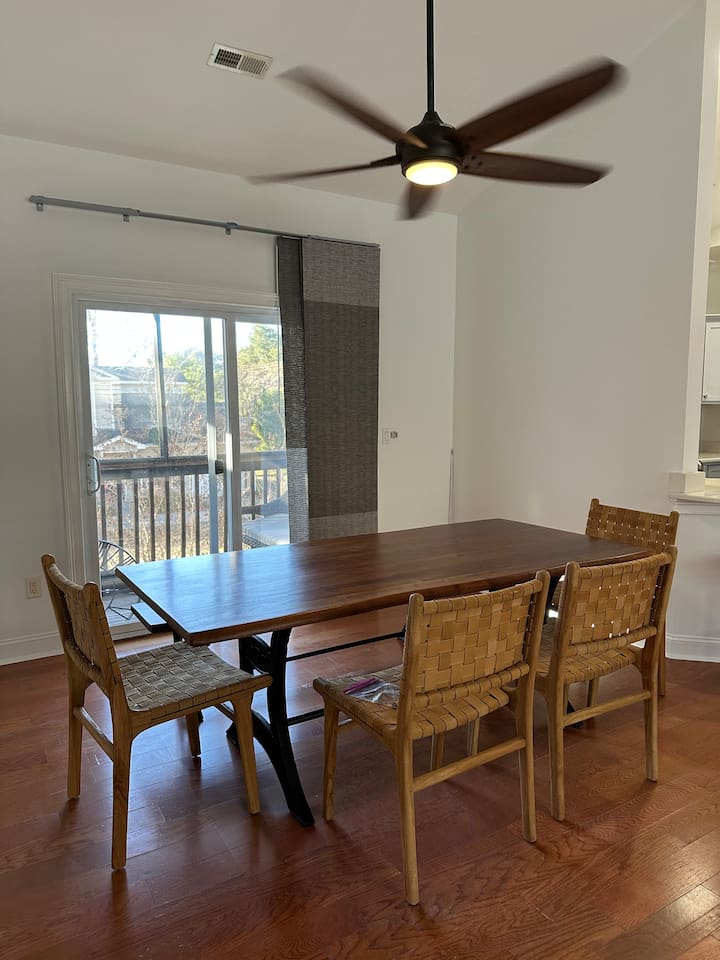 Comfortably seat six at our table with four chairs and a bench