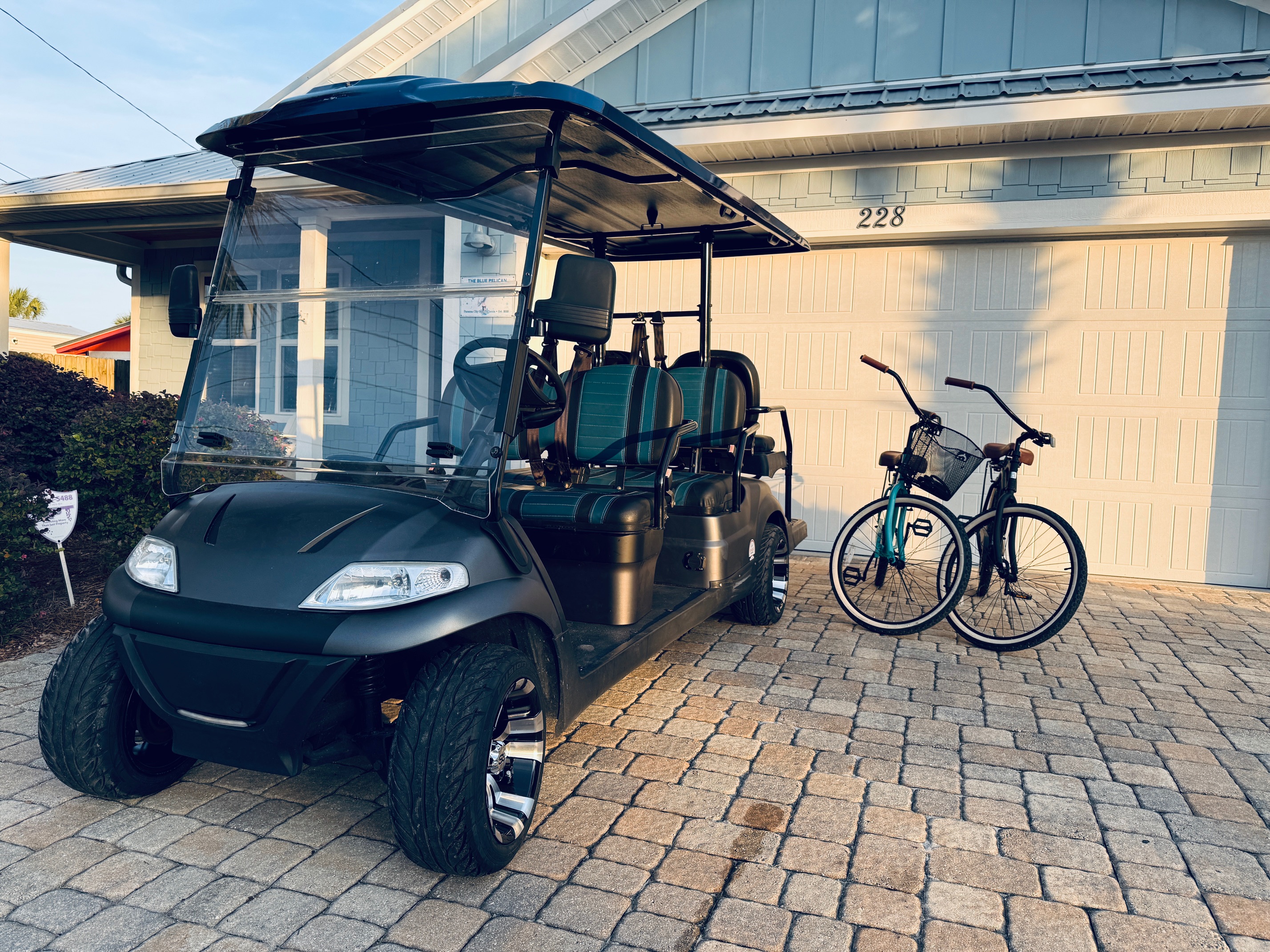 Golf Cart and 2 beach cruisers