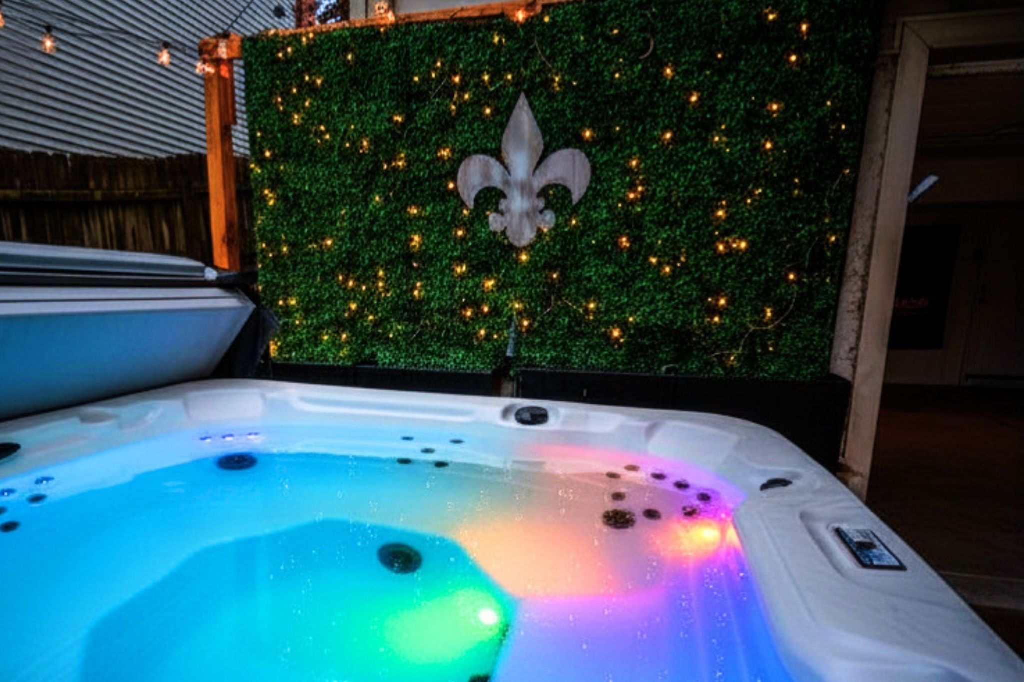 Relax in the private 7-person hot tub after a day exploring St. Louis.