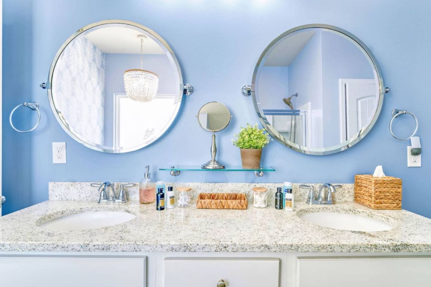 Dual sinks and generous counter space make mornings effortless for couples and families