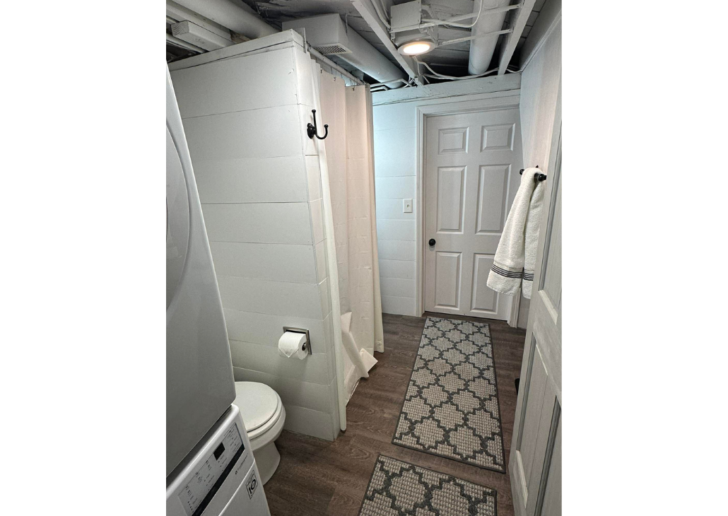 Bathroom + Washer and dryer in the clean basement.