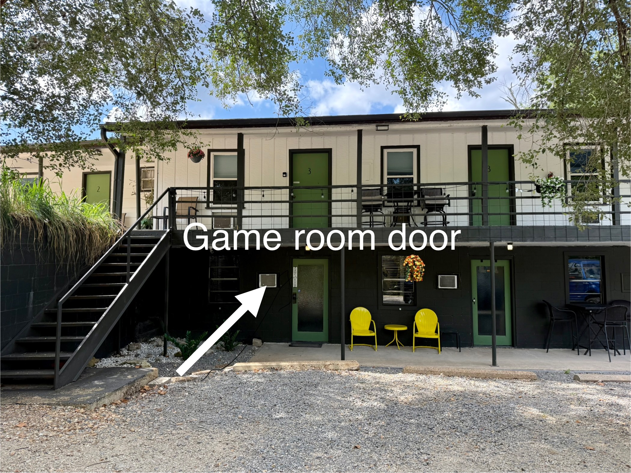 Game room and guest laundry is in the first building on the back in the basement area.
