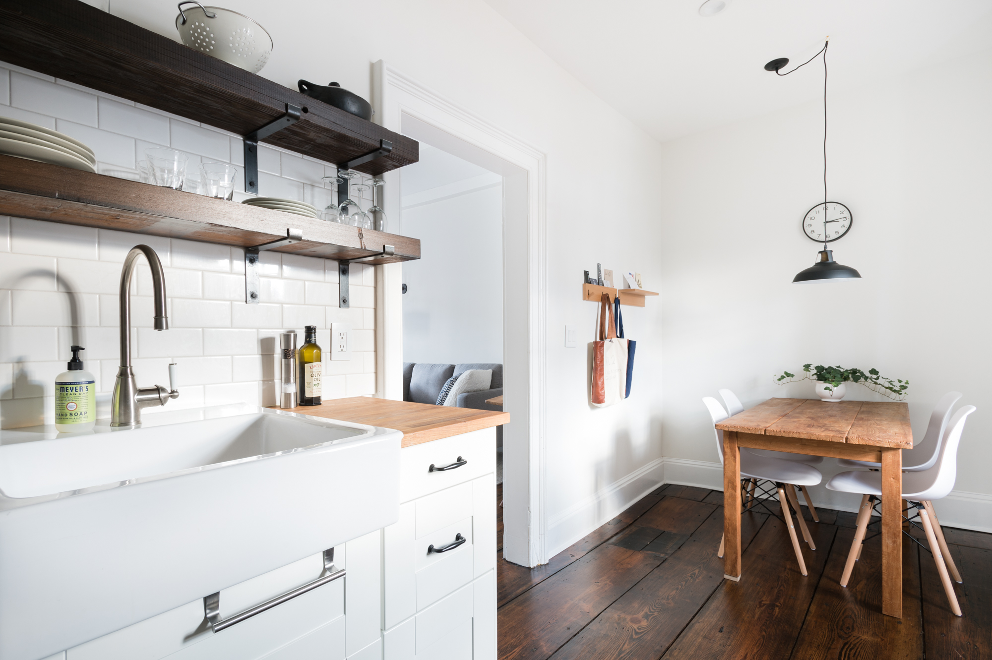 The renovated kitchen, with the dining nook beyond