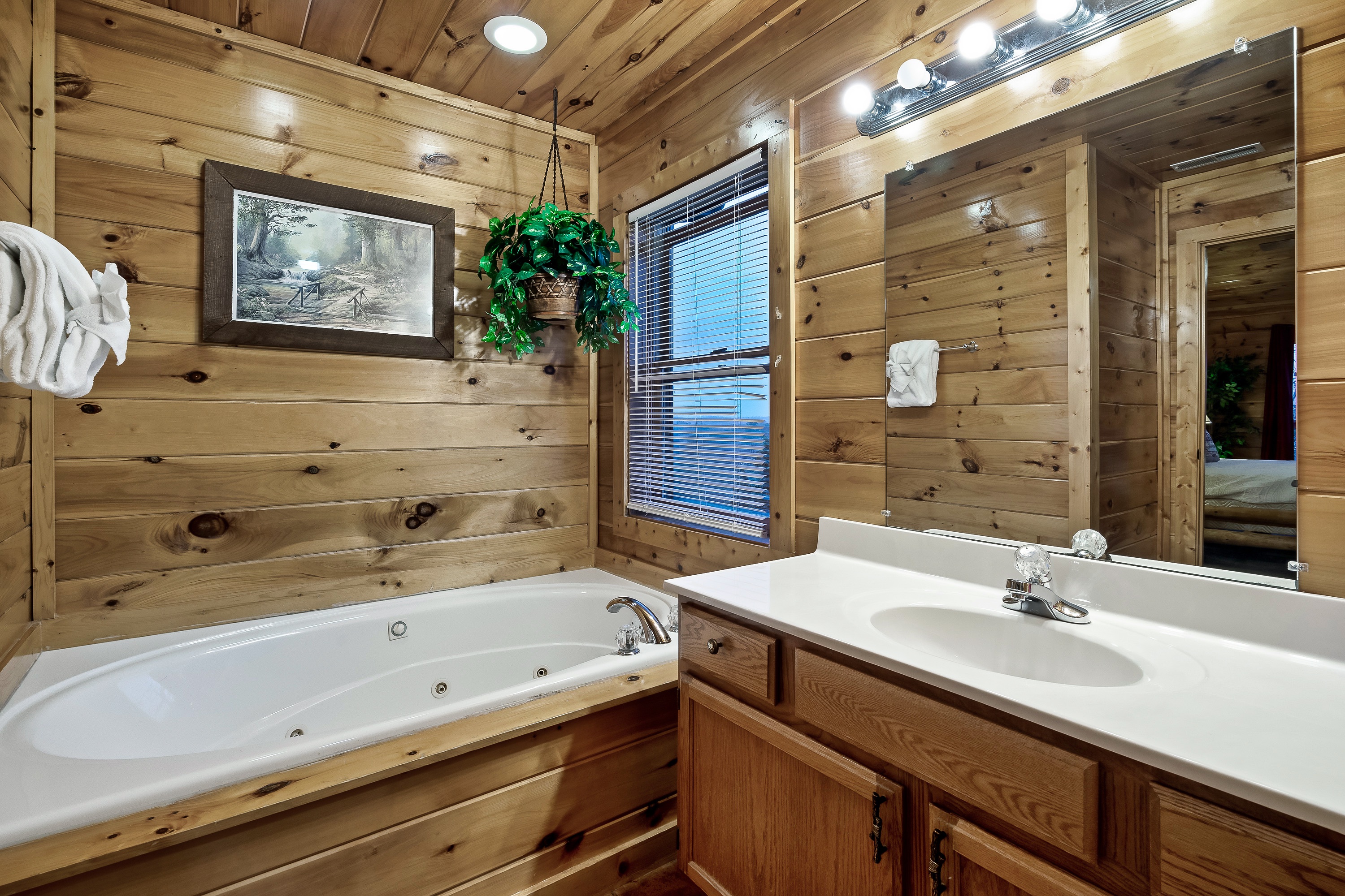 Enjoy a full sized bathroom with a jetted jacuzzi tub that makes winding down feel like a reward.