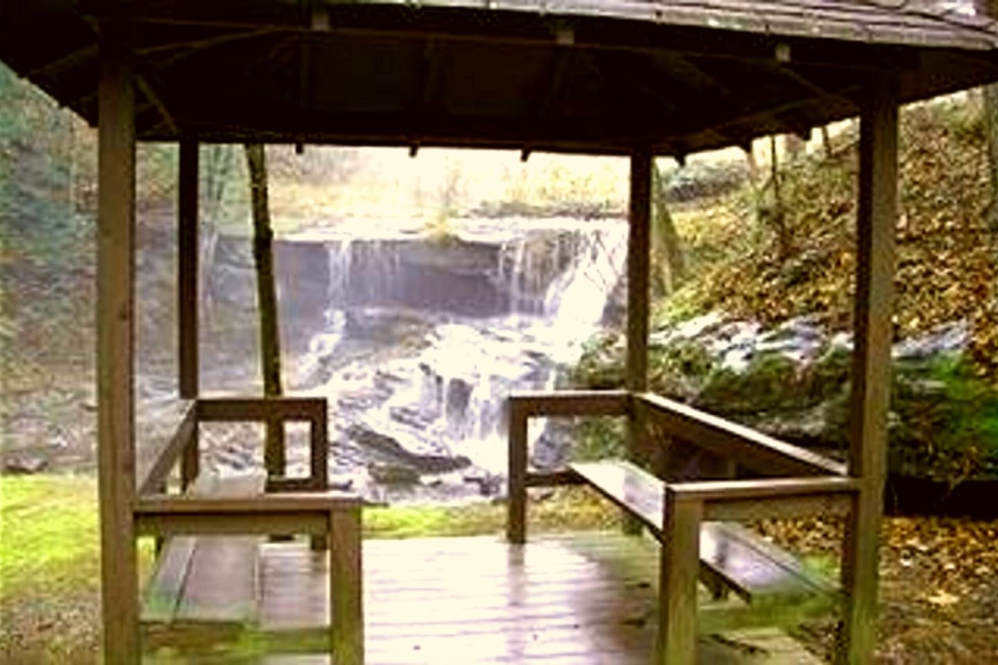 Pavilion at waterfall in Riverbend. Walk from cabin
