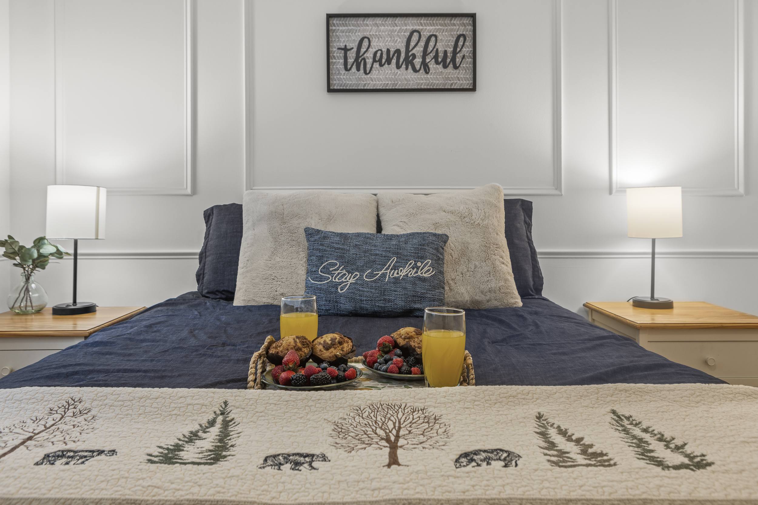 Queen Bedroom 2: Wake up to mountain charm and a delicious breakfast tray awaiting you!