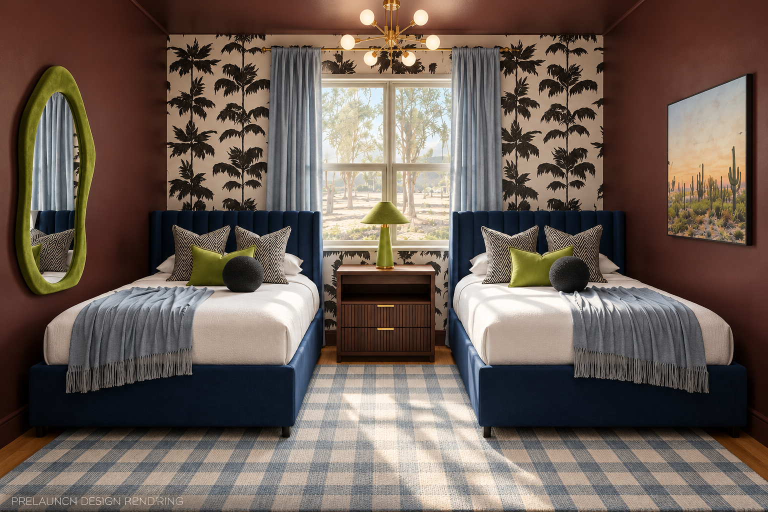 {Bedroom 6} Let the palm-print wallpaper keep you in vacation mode. Two plush Queen beds and warm desert colors make an inviting home base for friends sharing a Firebird getaway.