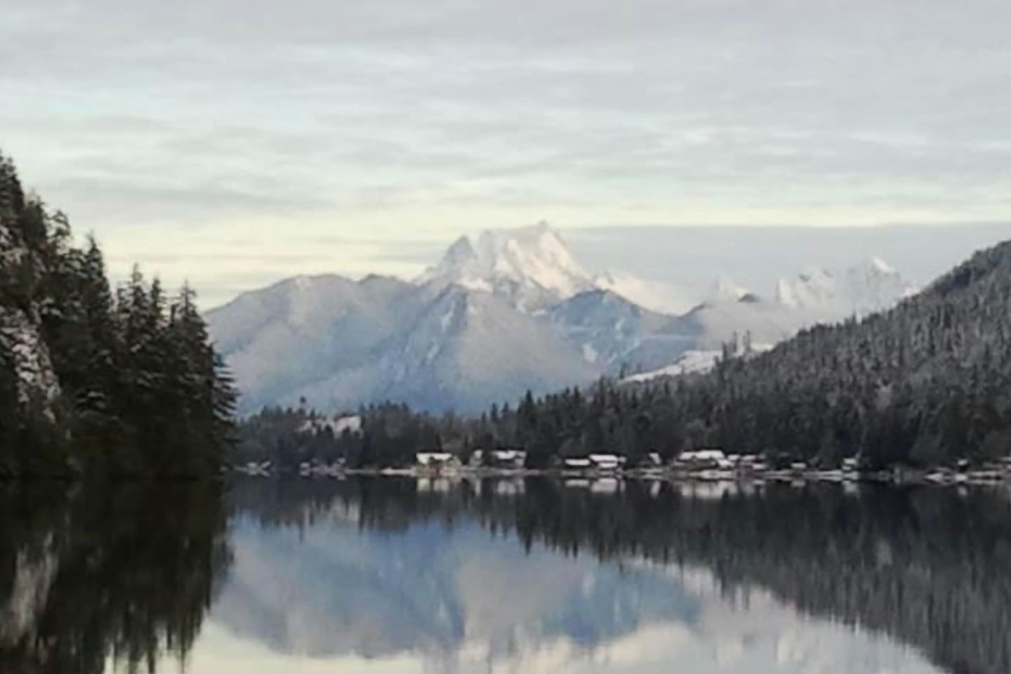 Winter scene with snow-capped mountains.