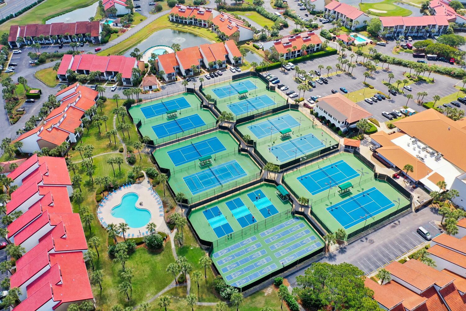 Sports courts, accessible by the walking/cart bridge close to Tower 2.
