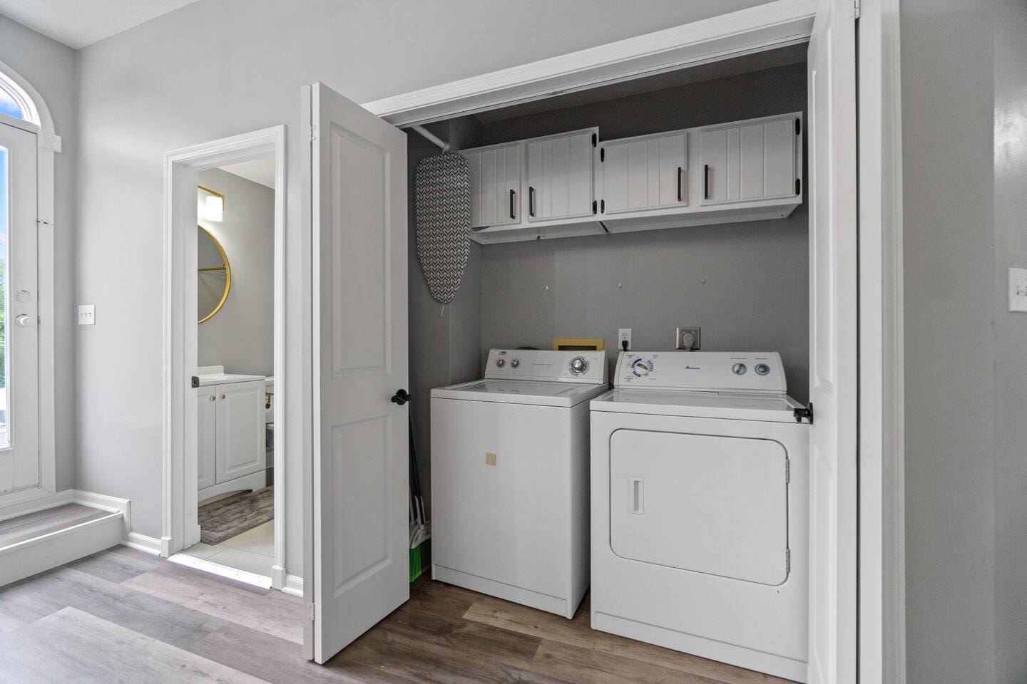 Convenient laundry area equipped with a washer and dryer, making it easy to refresh your clothes during your stay.