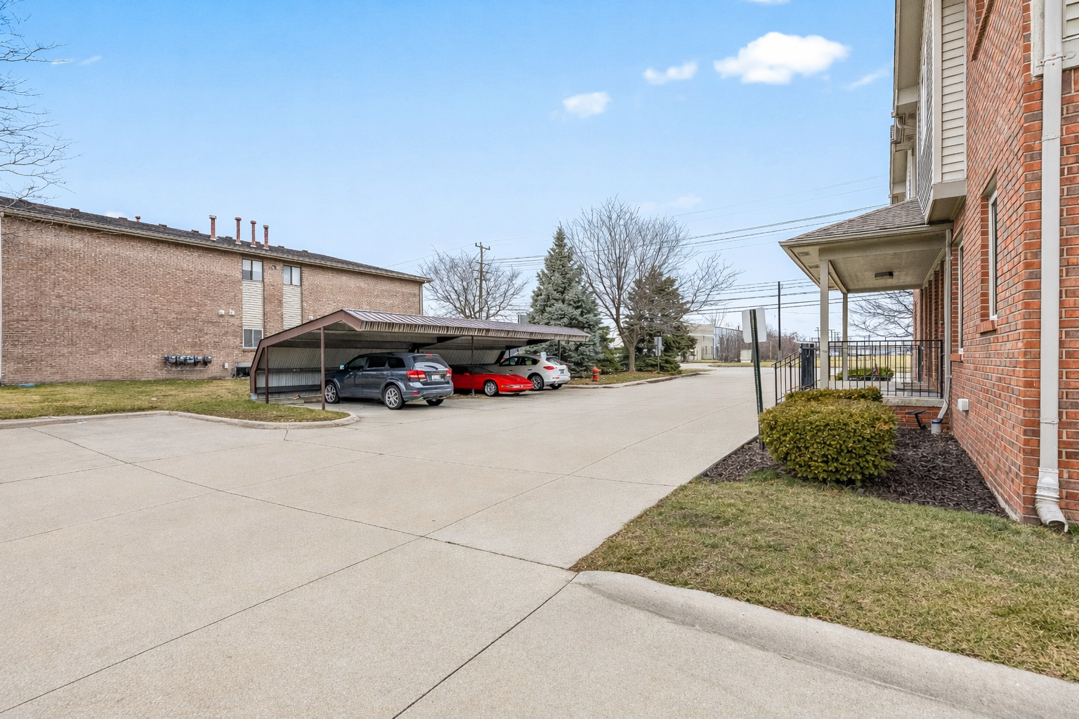 Convenient on-site covered parking in a quiet condo community with easy access to main roads.