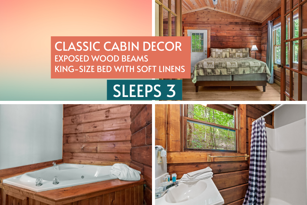 Classic cabin vibes with exposed beams, comfy bedding, and cozy corners.