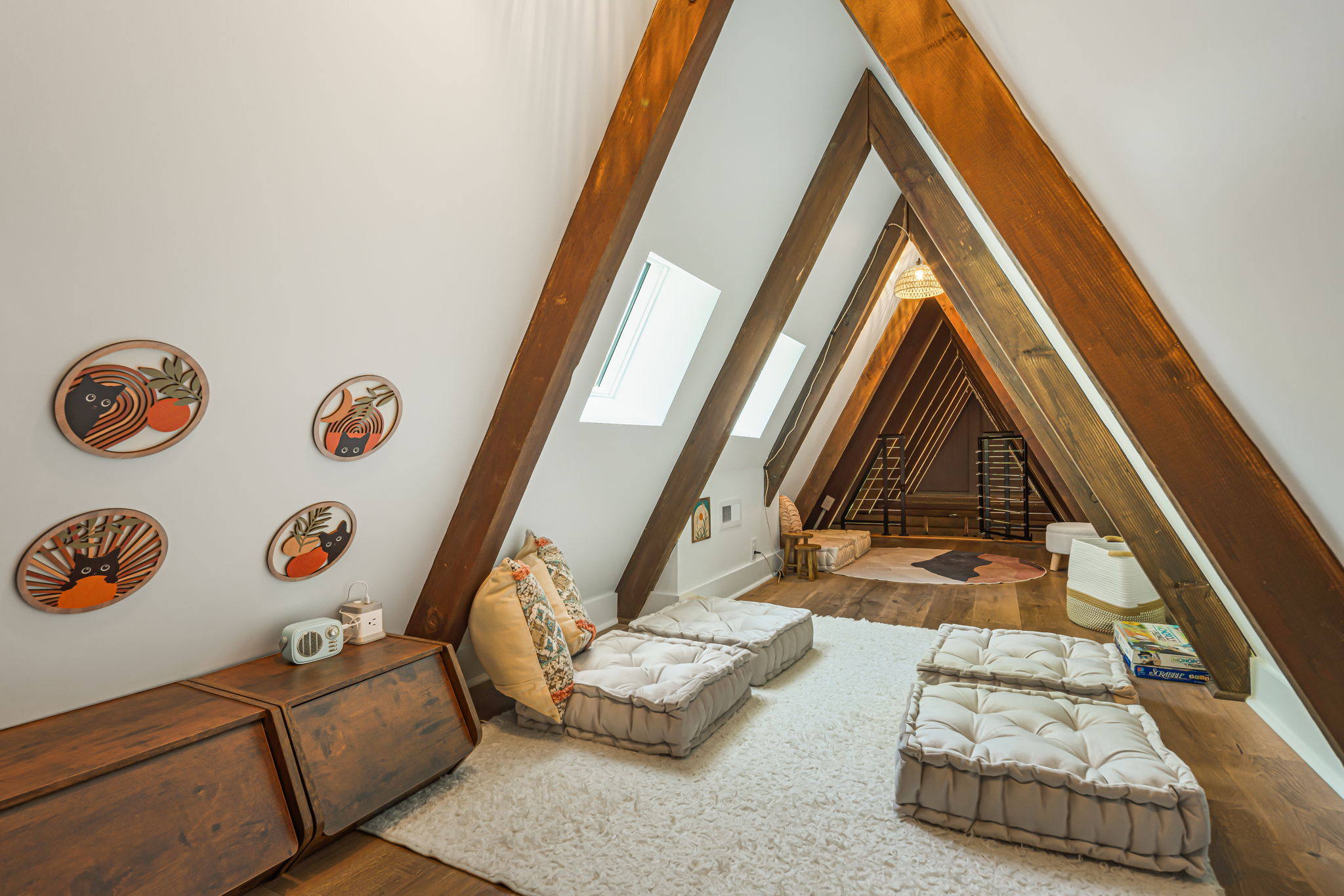 This 3rd floor lounge has floor cushions, a bluetooth speaker, games and a comfy chair.. Accessible only through the library ladder, we ask guests to excercise extra caution when accessing the space. 