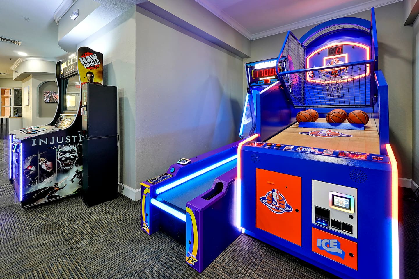 Play games at the club house Arcade including Skee-Ball and basketball