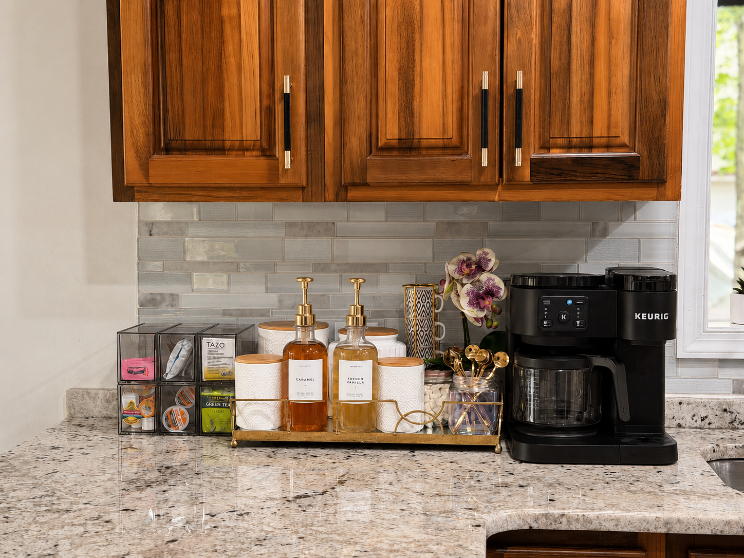 Coffee/Tea station equipped with dual coffee makers, drip, pods, press,  greca. 