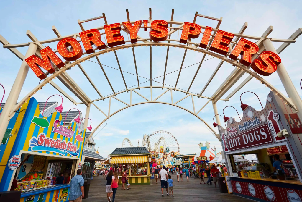 Entrance to Morey’s Piers, featuring classic boardwalk rides, games, and food stands. A vibrant seaside destination offering entertainment, dining, and attractions just steps from the beach.