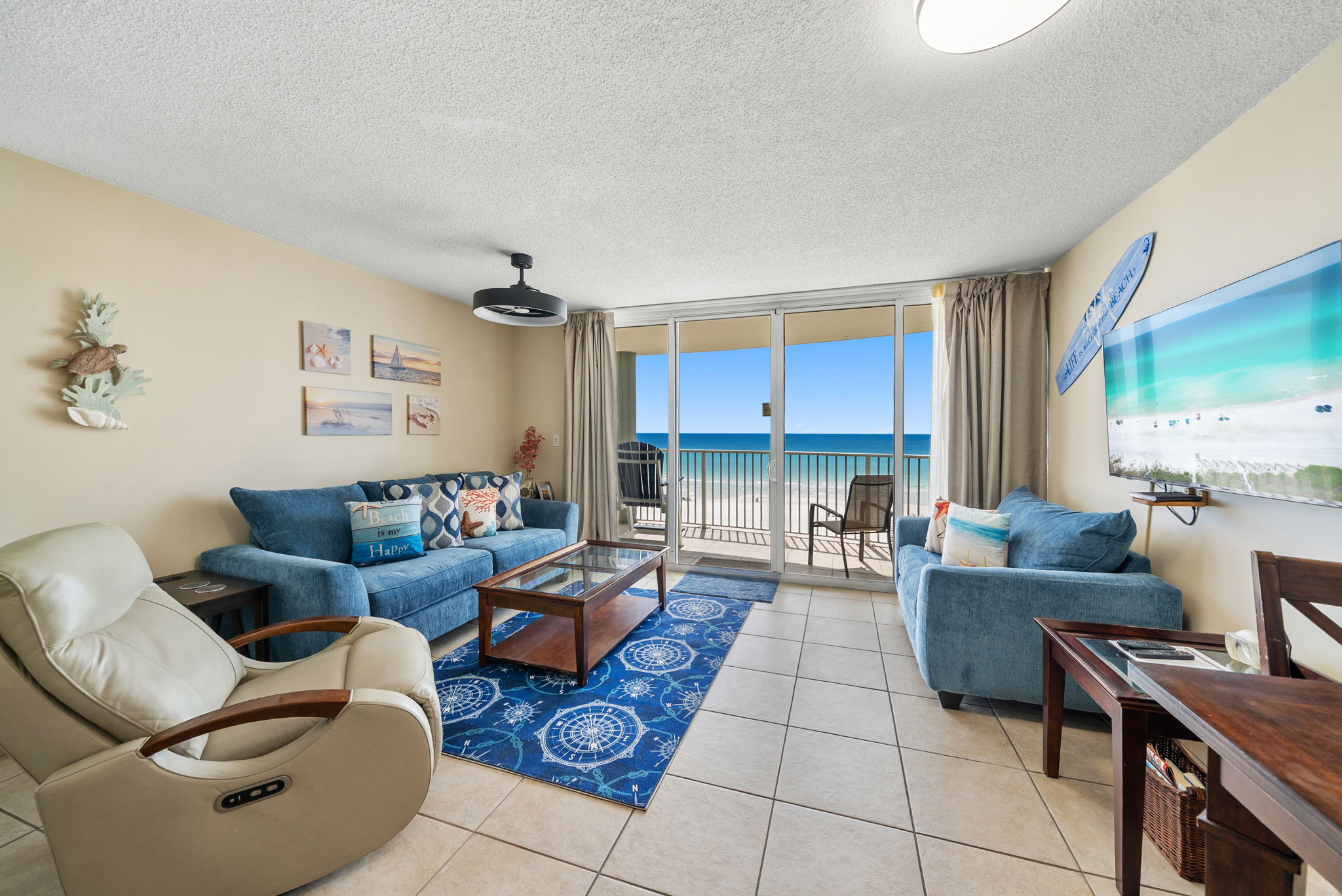 Living room with beach view and pullout couch