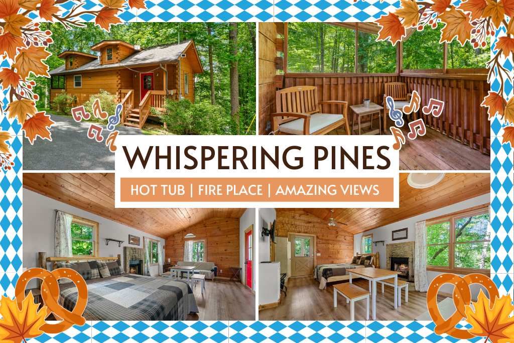 Whispering Pines offers a cozy cabin escape with a hot tub, fireplace, and stunning views—perfect for a peaceful stay.
