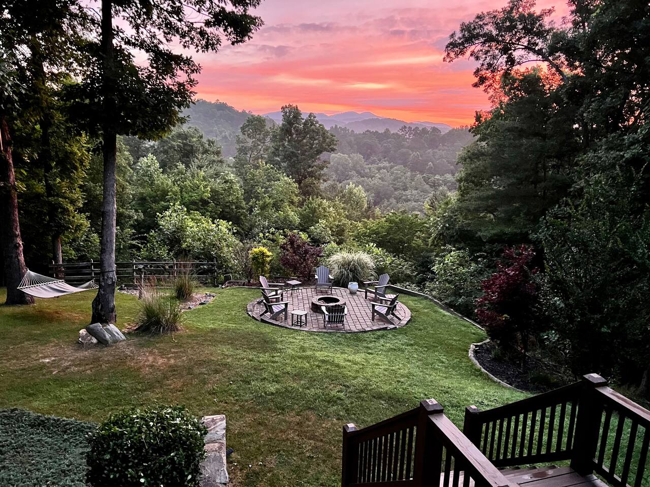 Firepit overlooking the mountains has view of both TN and GA.