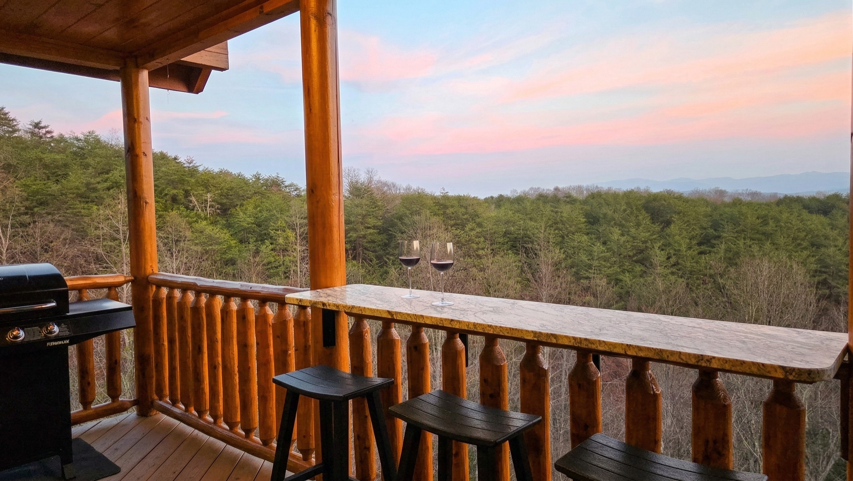 Settle down and take in the spectacular twilight views from our custom granite outdoor bar. The perfect spot to unwind after a day of adventures.
