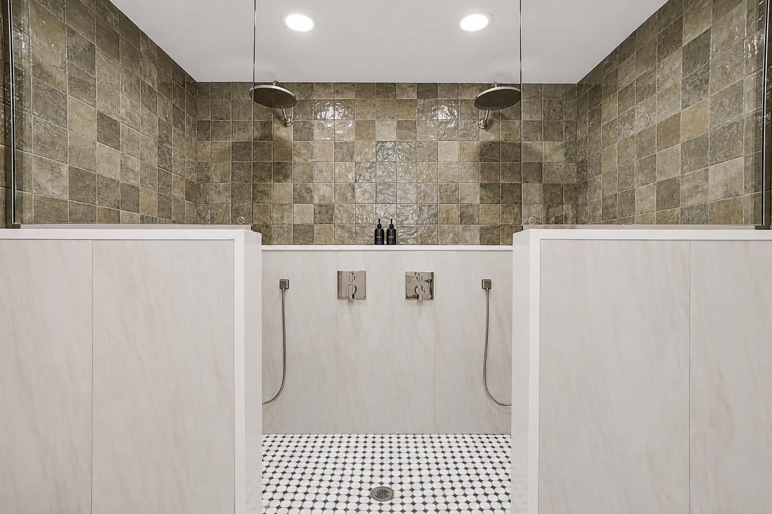 Spa-inspired dual shower area featuring elegant stone tile walls, a sleek glass divider, and a clean, modern layout. Bright, minimalist design with a calm, hotel-like feel for a refreshing and relaxing experience.