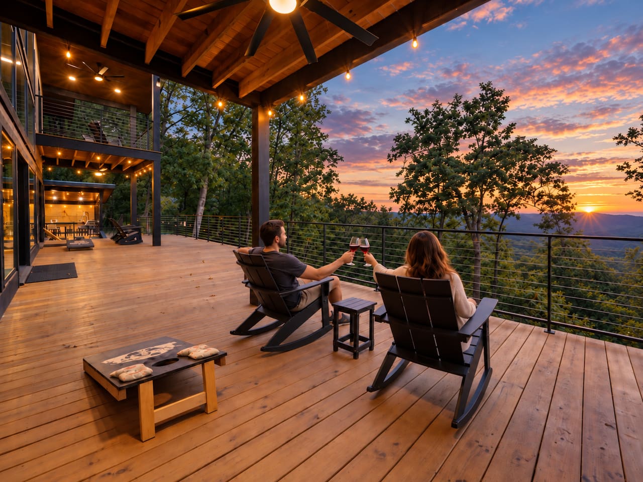 Sunset mountain views from the spacious deck at secluded Fossil Rock cabin in Broken Bow.